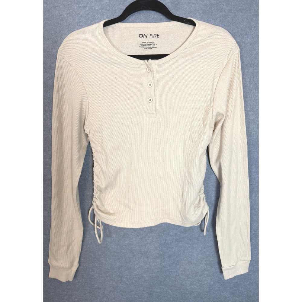 Henley Coquette‎ L Beige L/S Top Ruched Side Drawstring Ribbed Knit Cottagecore